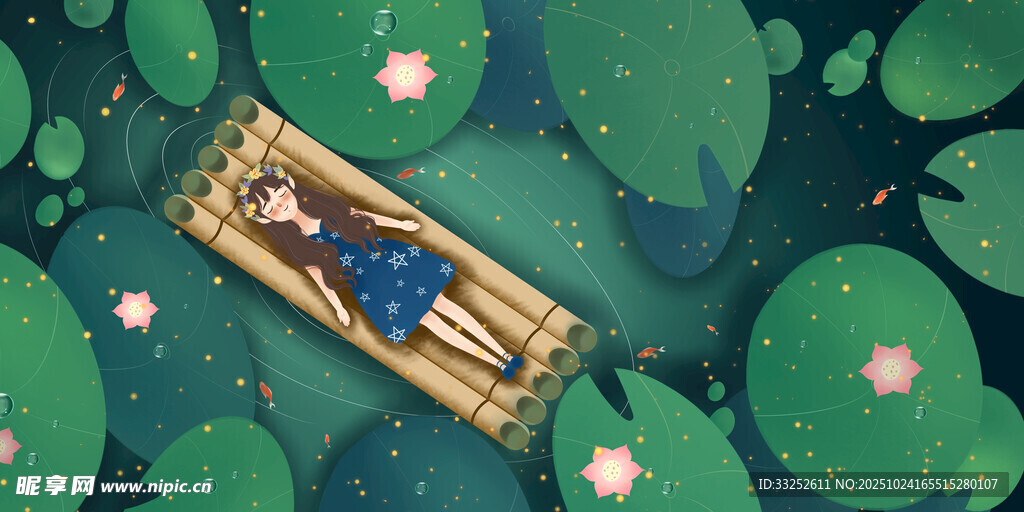 女子躺竹筏于荷花莲叶间
