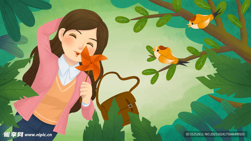女孩林中赏蝶与鸟