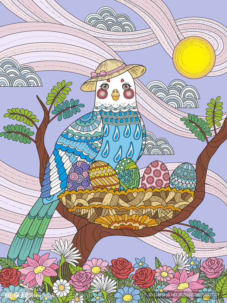 猫头鹰守护巢中蛋的插画