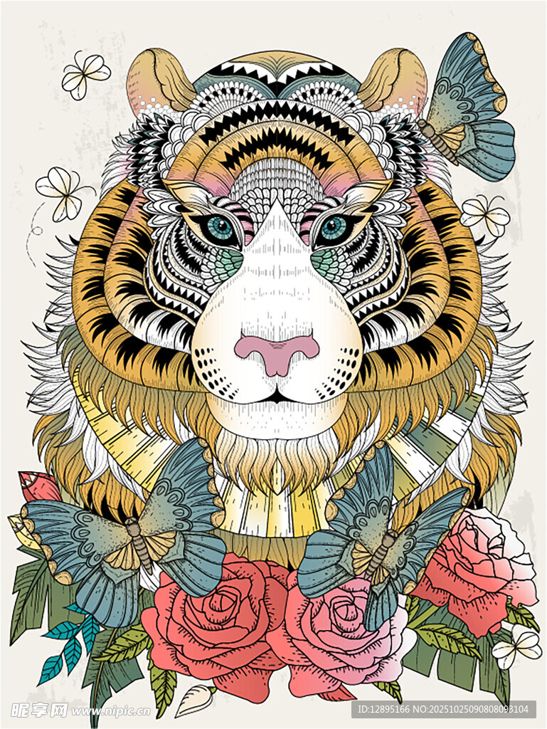 老虎花卉蝴蝶精美插画