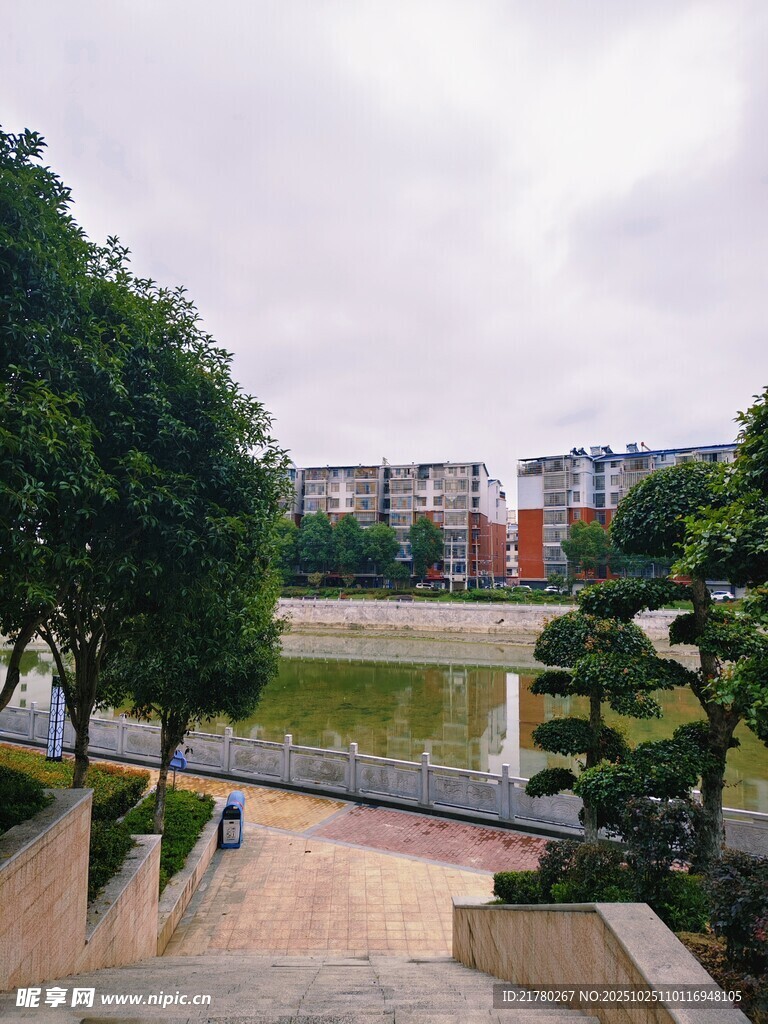 城市河畔绿植环绕