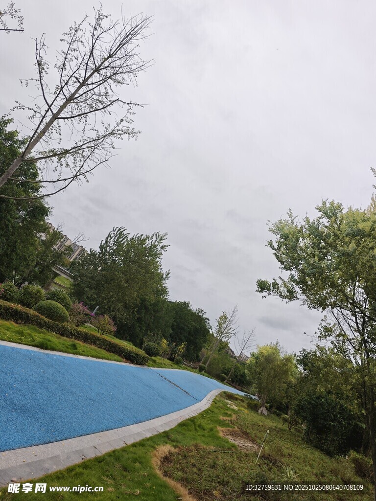 户外蓝色设施与自然风景