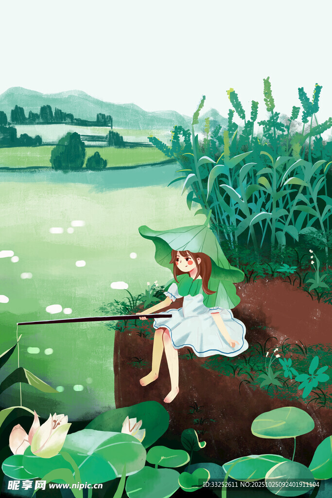 女孩荷塘边悠然垂钓