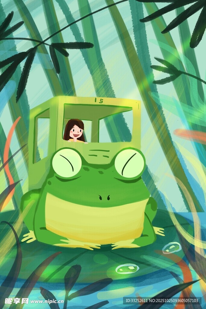 青蛙驾驶车穿行于竹林间