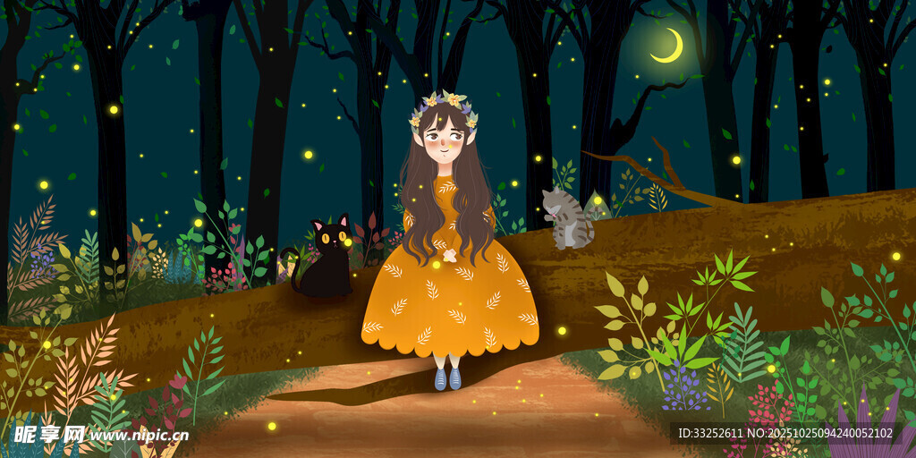 森林中穿黄裙的梦幻女孩