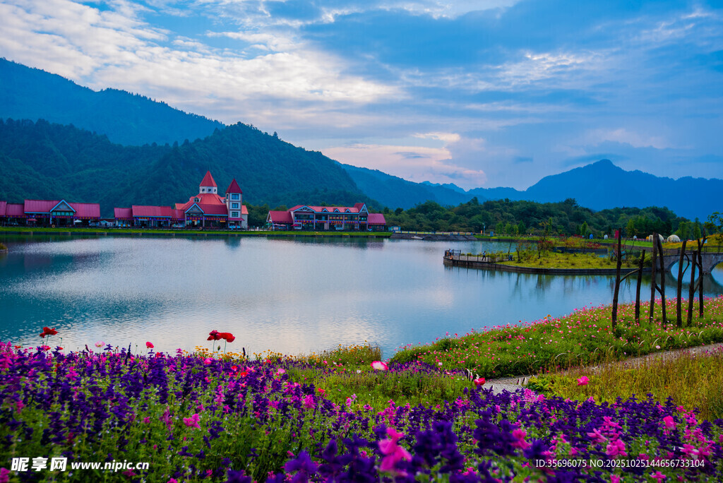 湖畔花海与远山美景