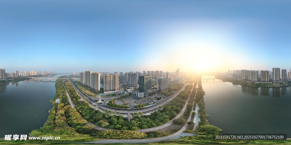 城市河畔日出全景风光 鹰潭