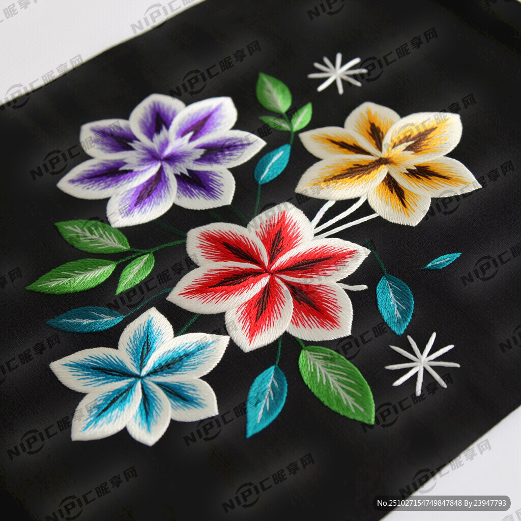 各种颜色绣花花朵分布在黑色底上