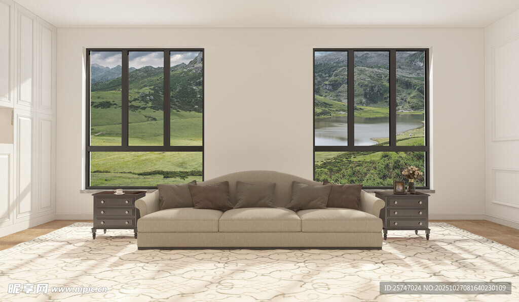 美式简约客厅沙发与窗外美景