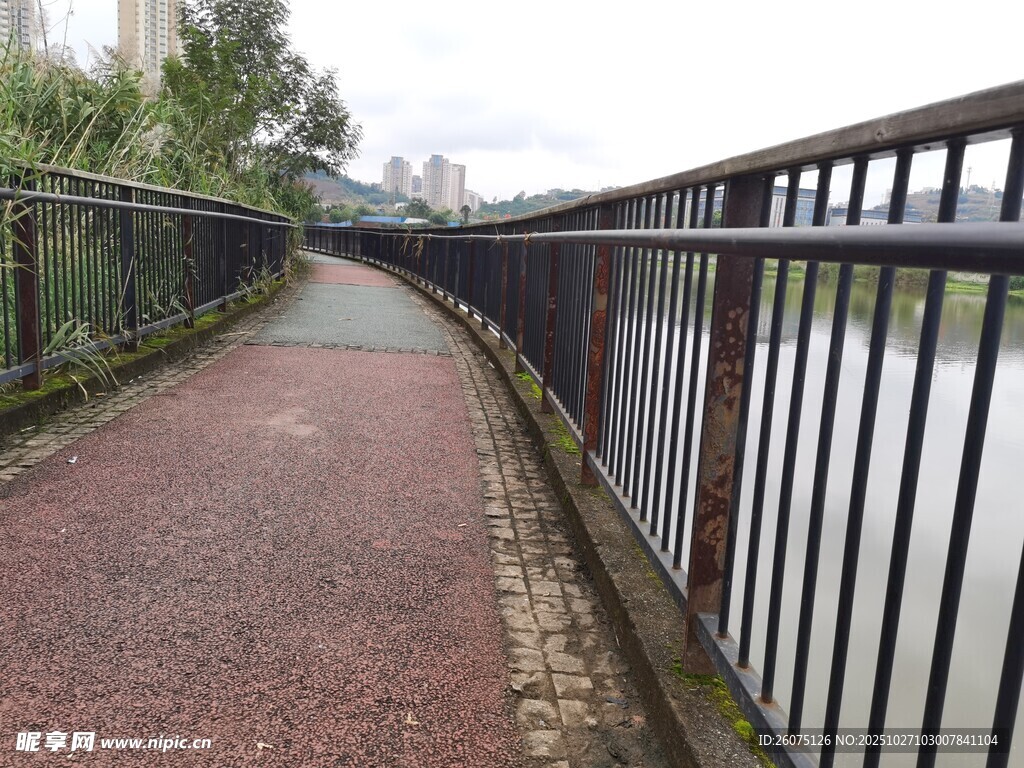 河边幽静的彩色步道