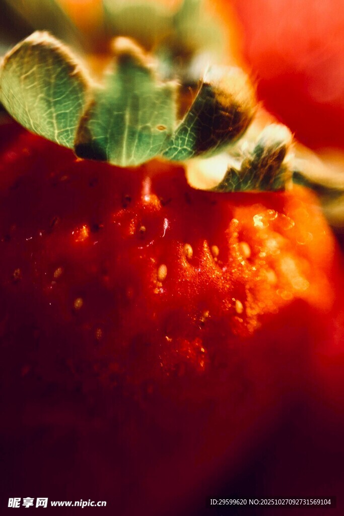 新鲜带叶草莓特写