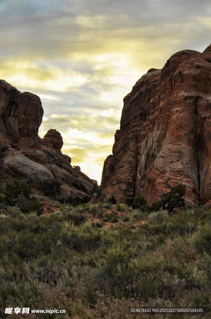 黄昏下的岩石与草地景观