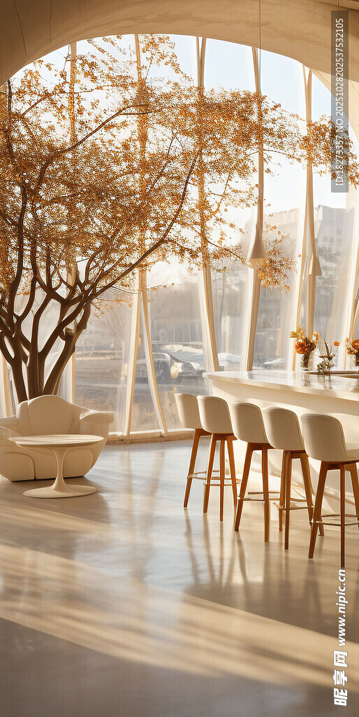 现代室内窗边树景餐桌空间