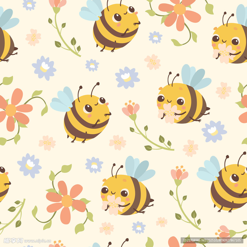 蜜蜂花卉可爱无缝图案