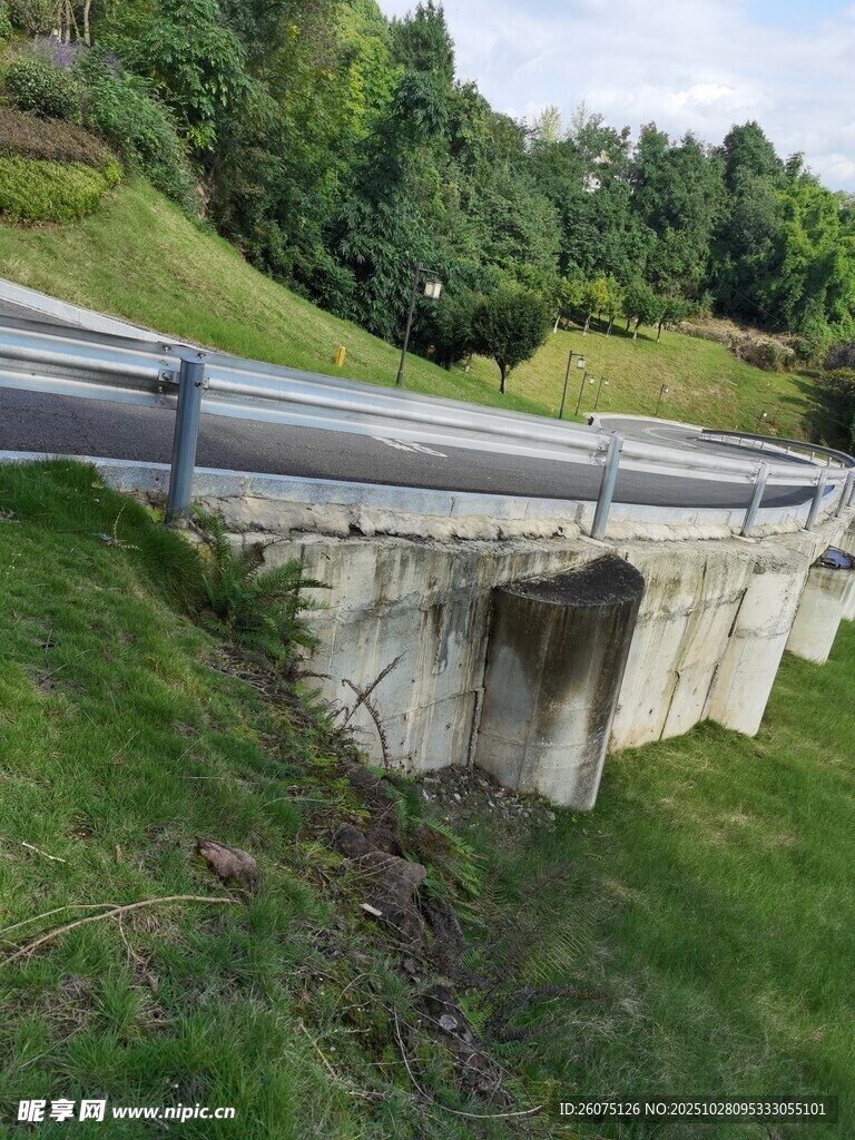 公路旁的混凝土护栏与绿植