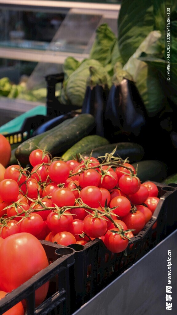新鲜西红柿与蔬菜陈列