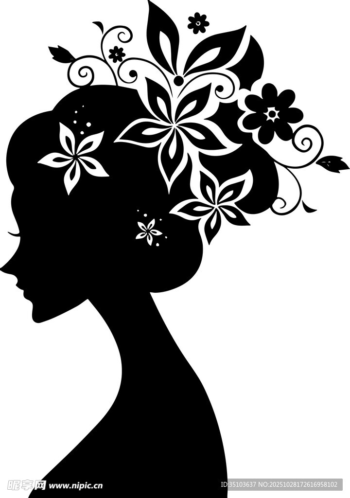 优雅花卉发饰女性剪影