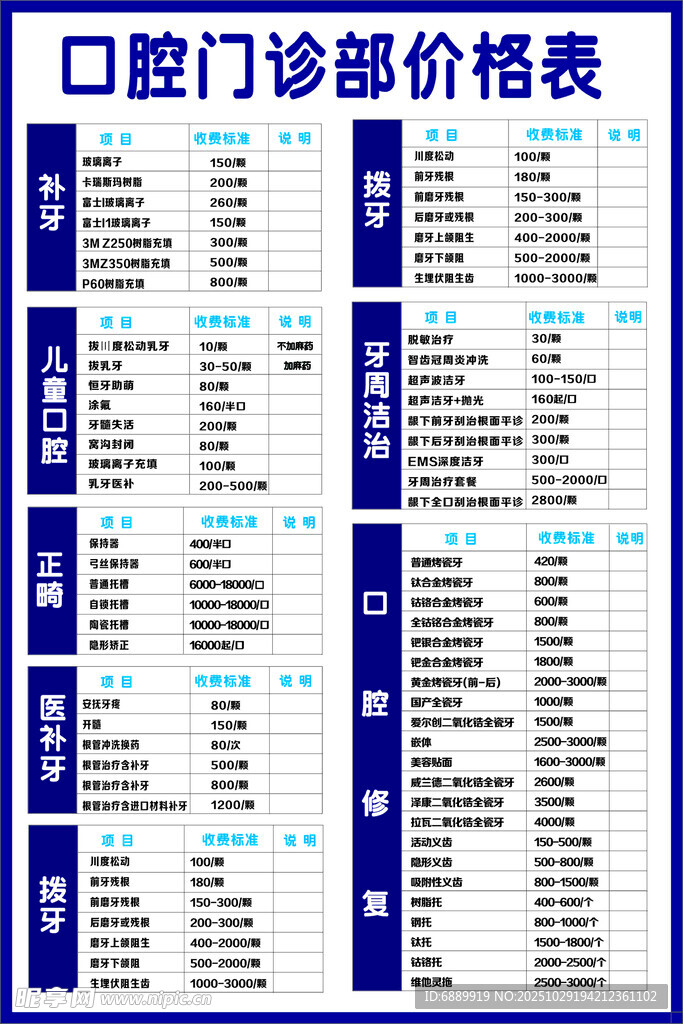 口腔门诊部价格表展示
