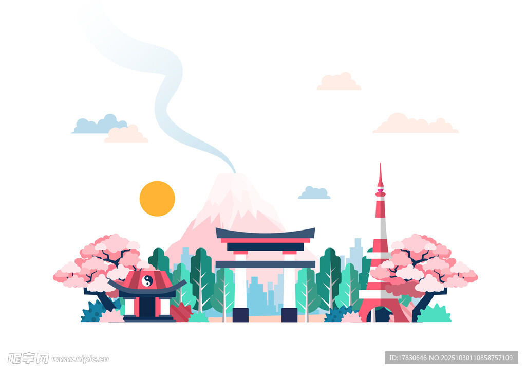 城市风景插画中的多彩建筑