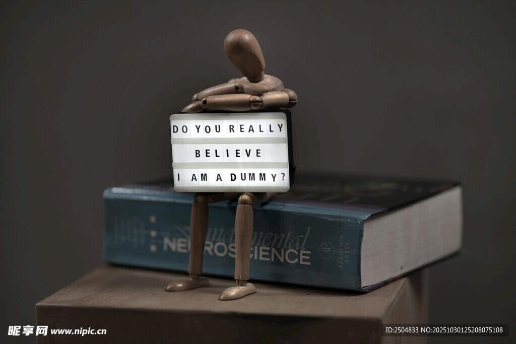 人偶持牌立于书籍之上