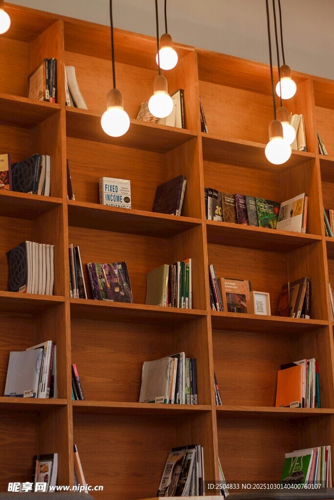 温馨木质书架与悬挂吊灯