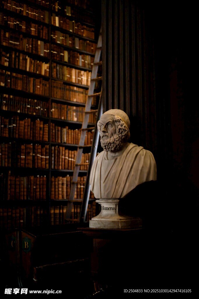 老人于藏书 沉思