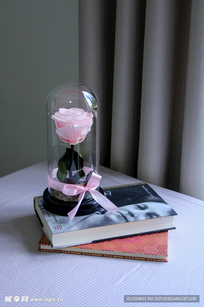 玻璃罩粉花束置于书籍上