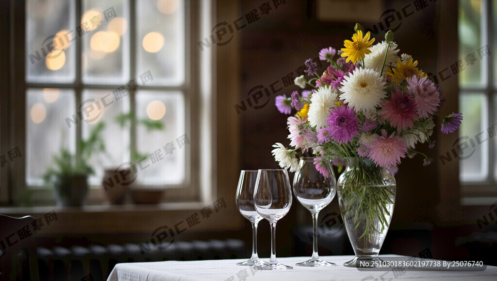 桌上的玻璃酒杯 文艺光影图片