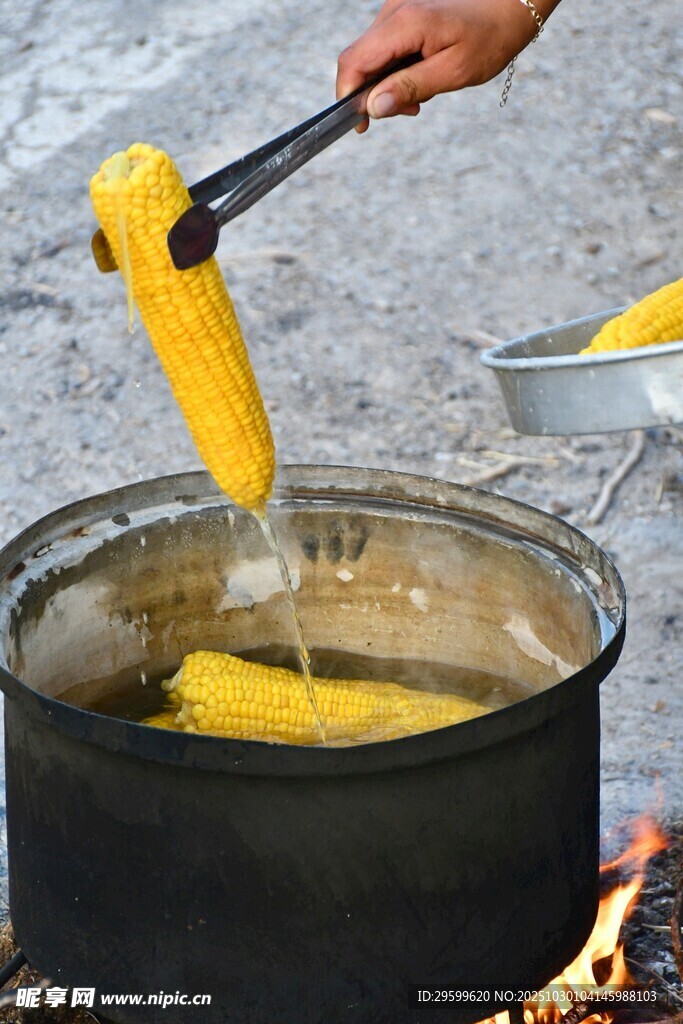 户外煮玉米的温馨场景