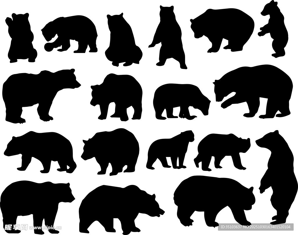 多样熊类剪影图案集合