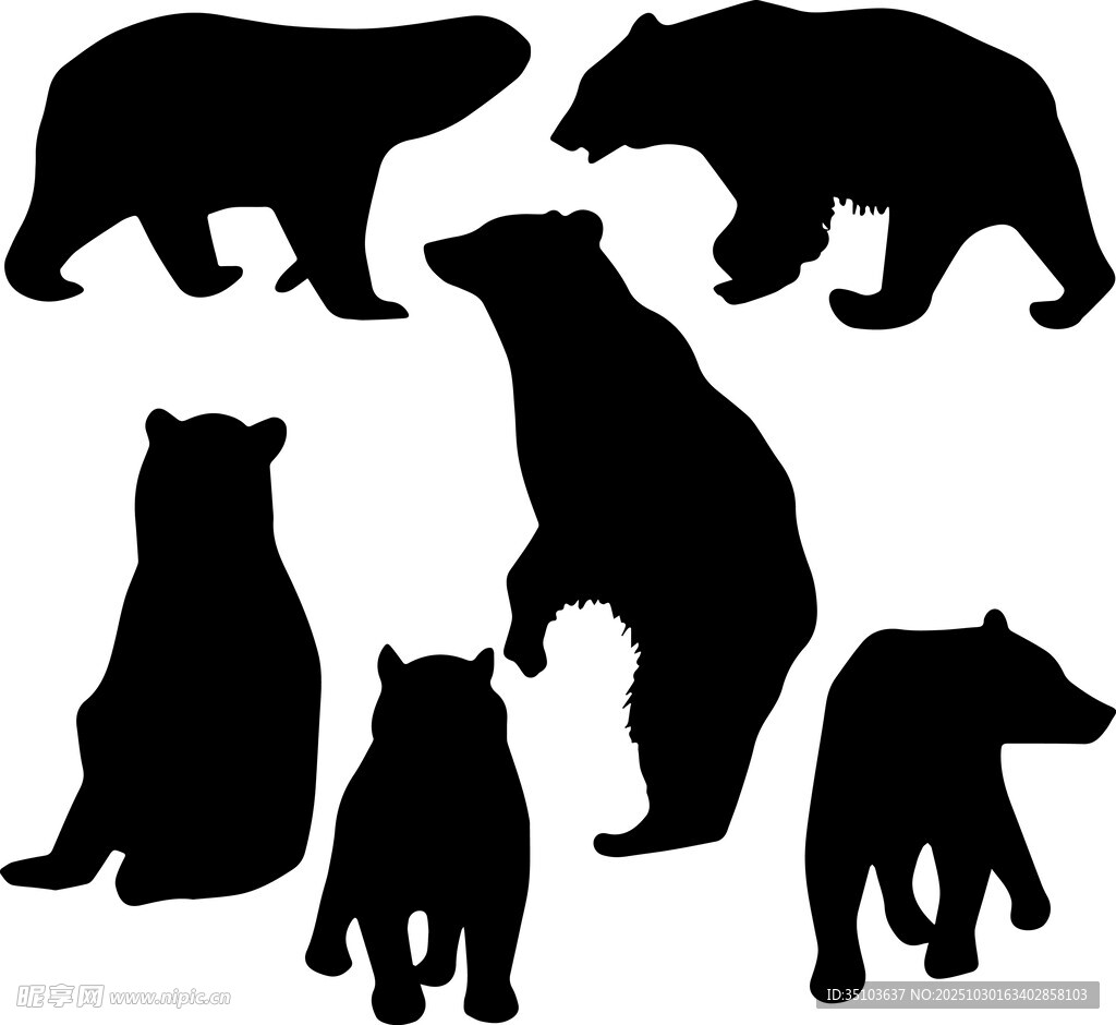 熊的多样剪影姿态