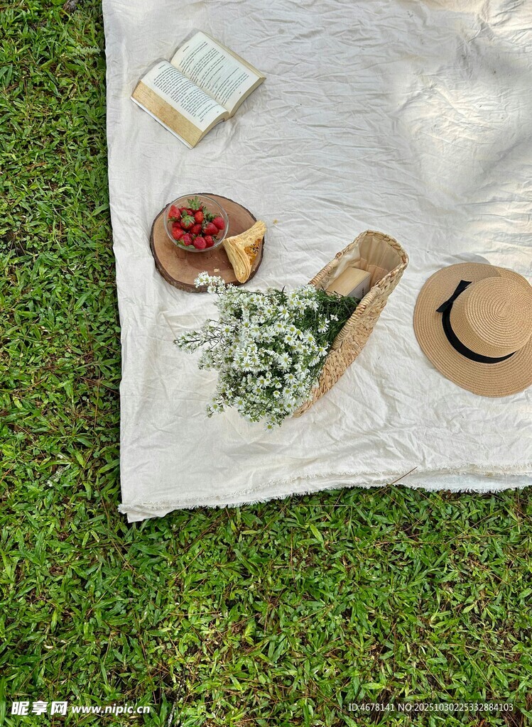 草地上的惬意野餐布置