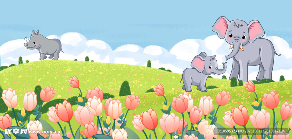 大象漫步于郁金香花田