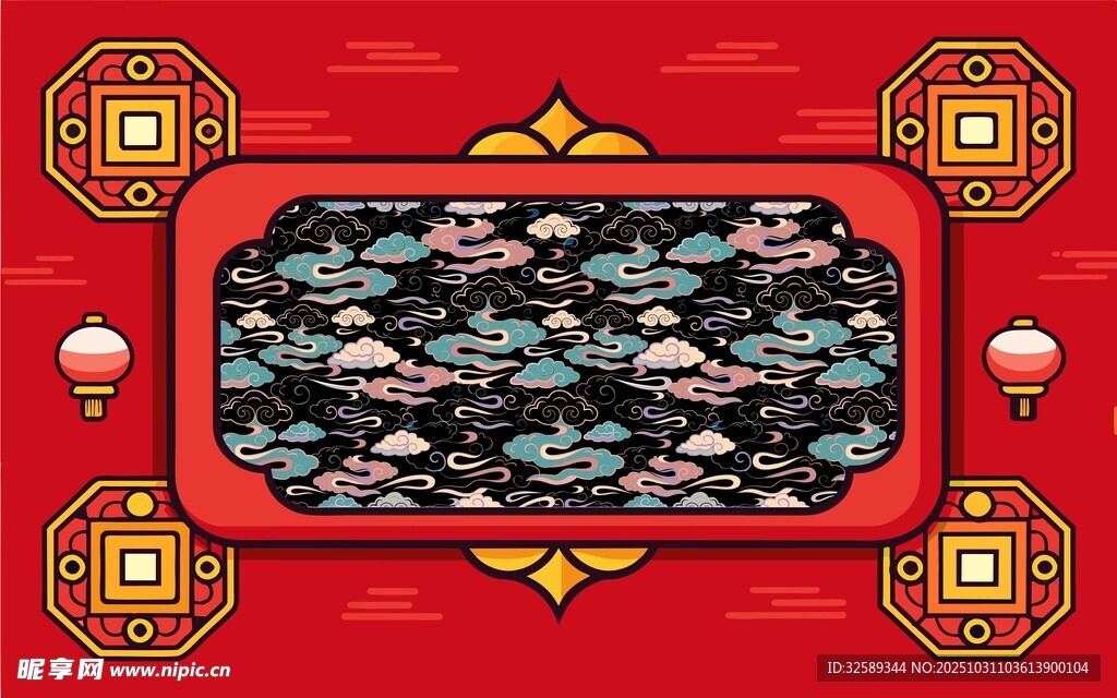 中式红底边框装饰图案