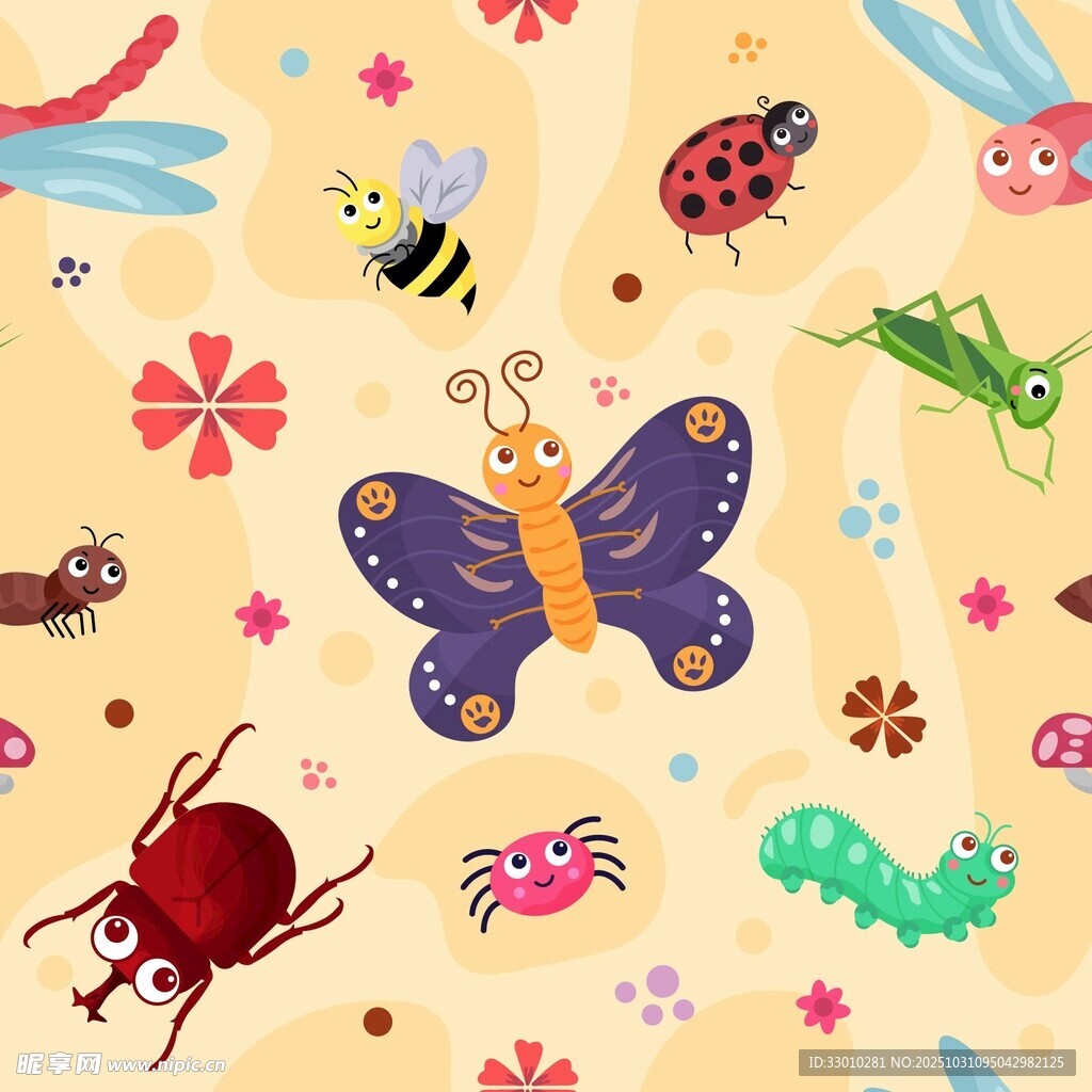 多彩昆虫与花卉图案背景