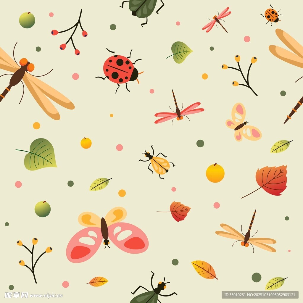 昆虫与秋叶的可爱插画
