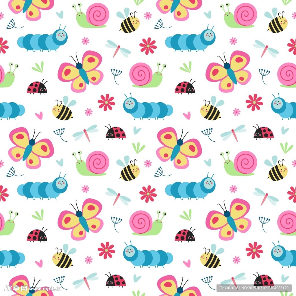 可爱昆虫花卉图案背景