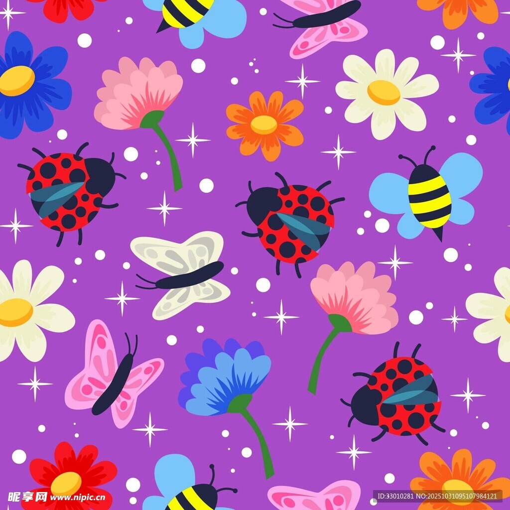 紫色花卉昆虫图案背景