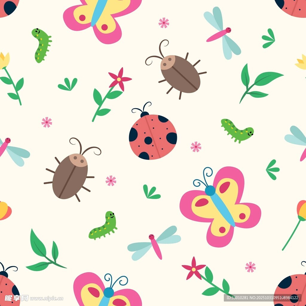可爱昆虫花卉无缝图案