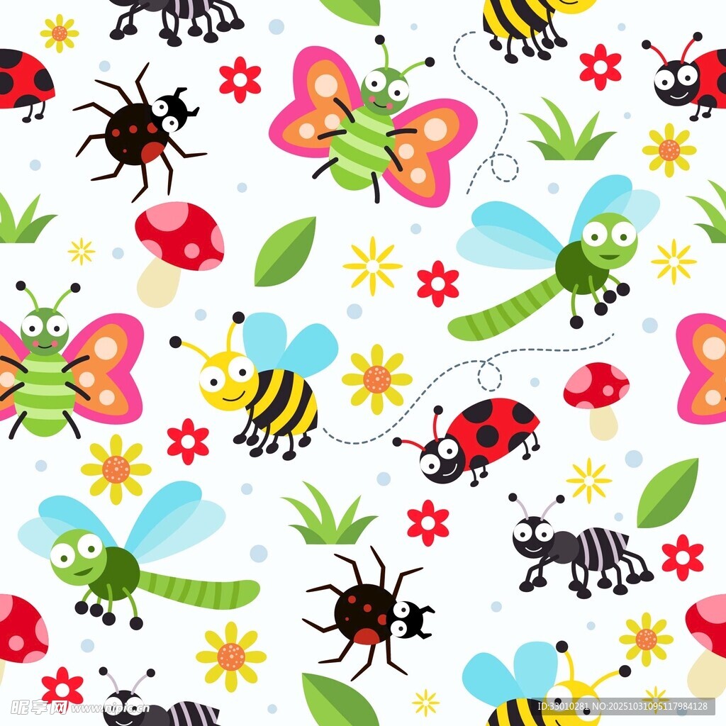 多彩昆虫花卉无缝图案