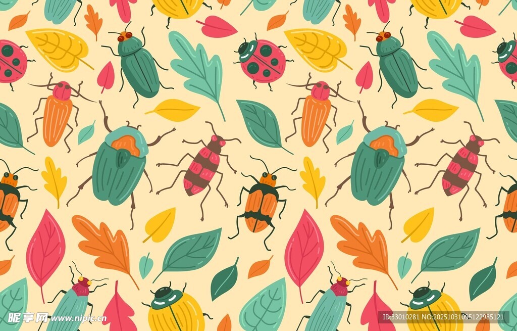 昆虫与秋叶的缤纷图案