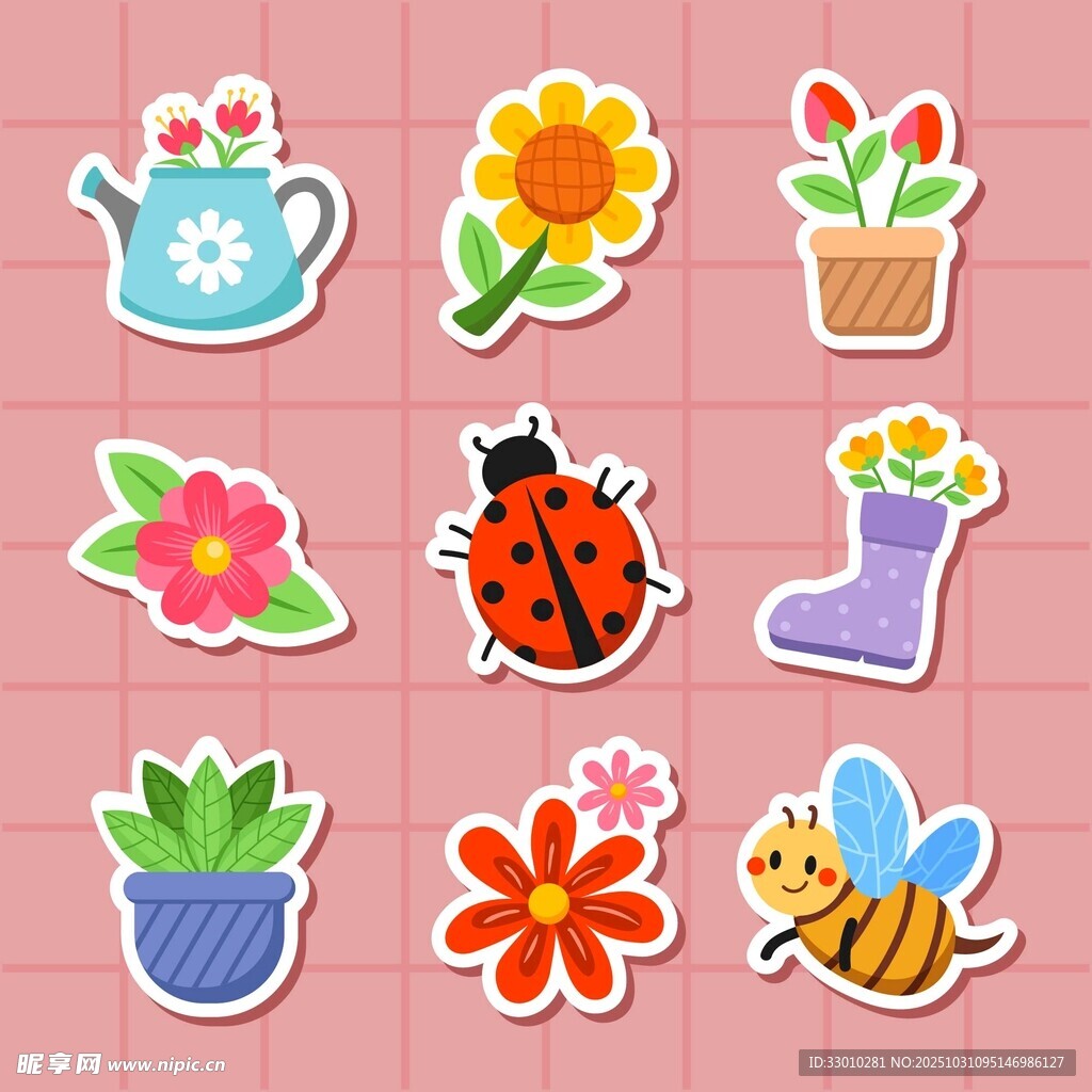 可爱花卉昆虫贴纸图案