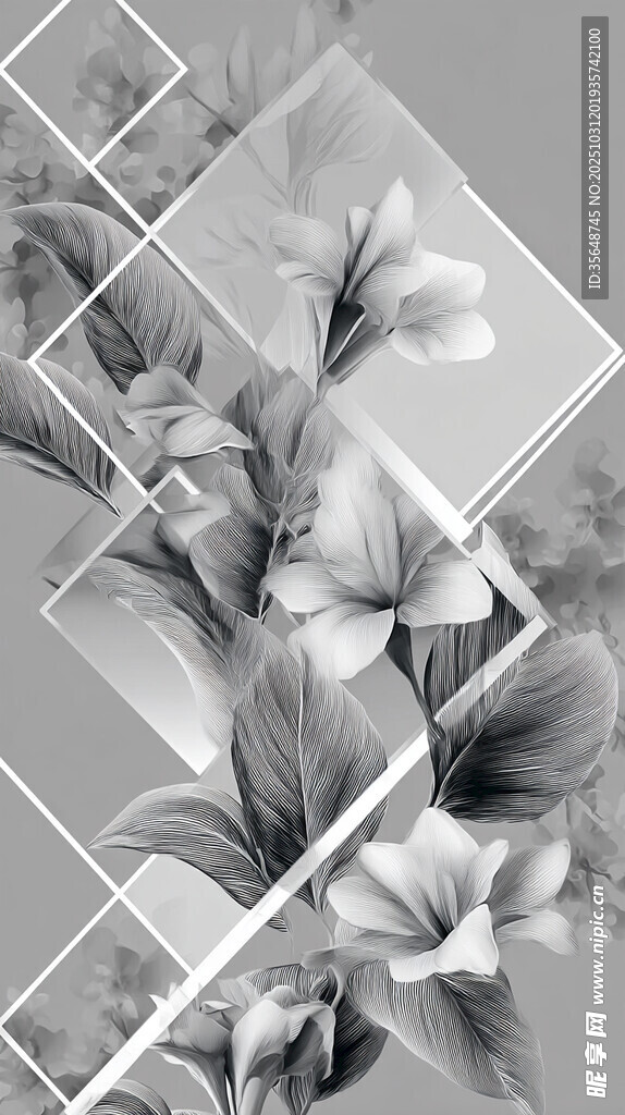 黑白花卉几何框艺术图案