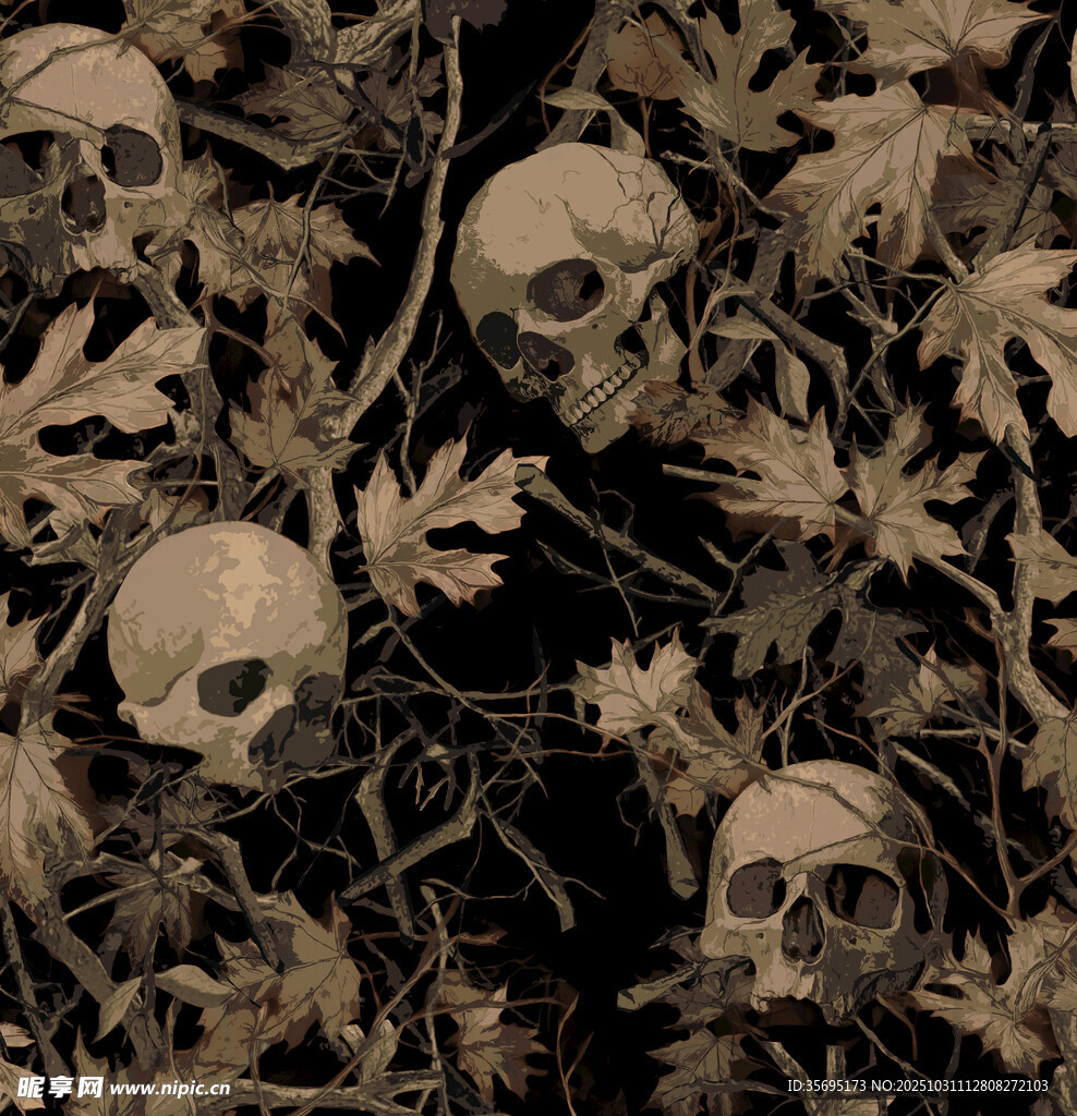 骷髅与落叶的神秘景象