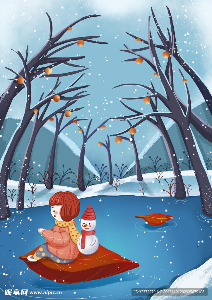 冬日河边小女孩与雪人相伴