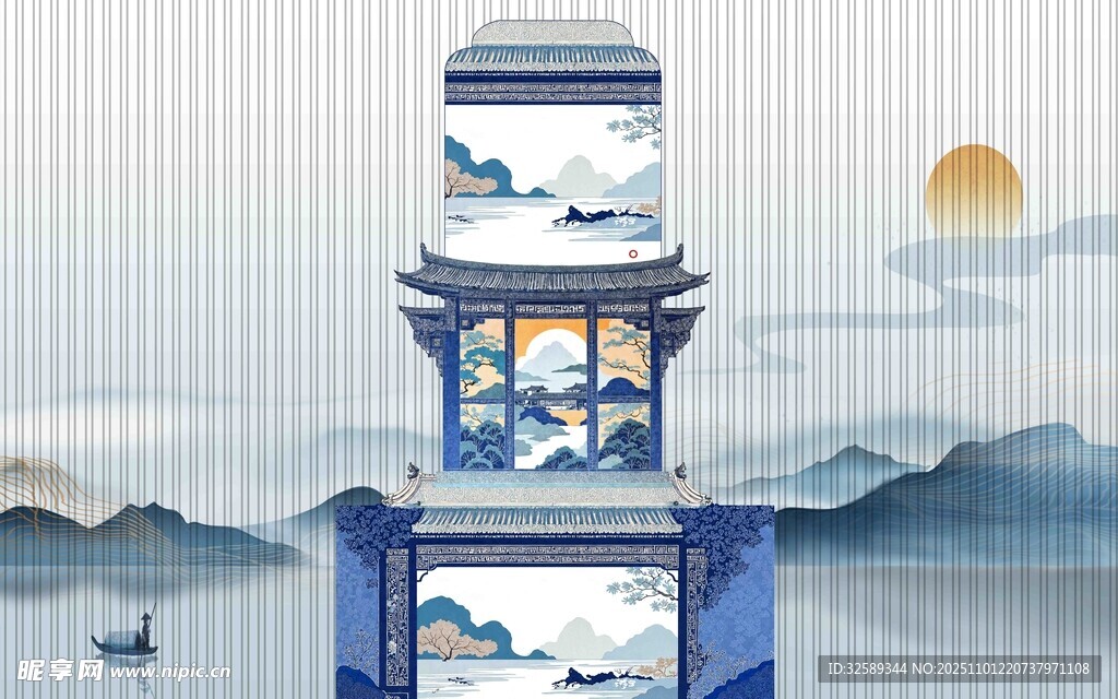 古风楼阁山水意境图