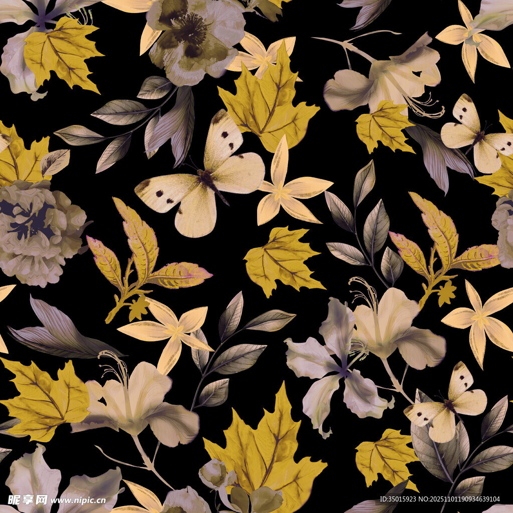 黑色底花卉植物图案