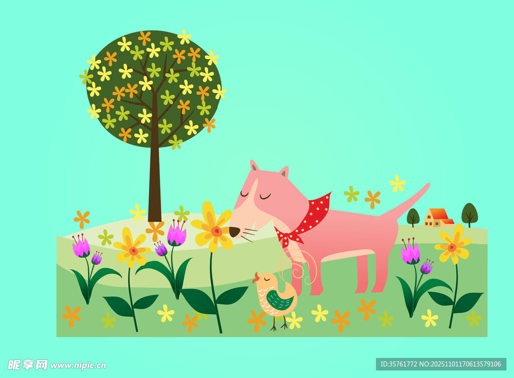 田园中的小猪与多彩花草