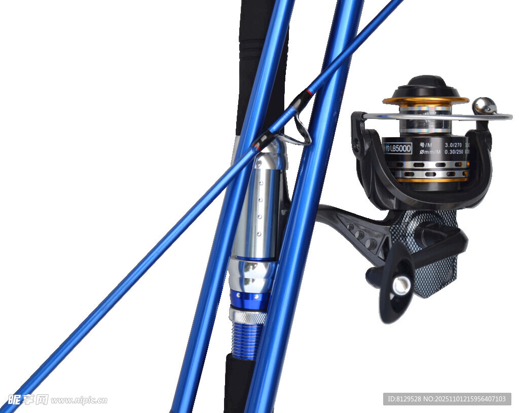 蓝色钓鱼竿与鱼线轮