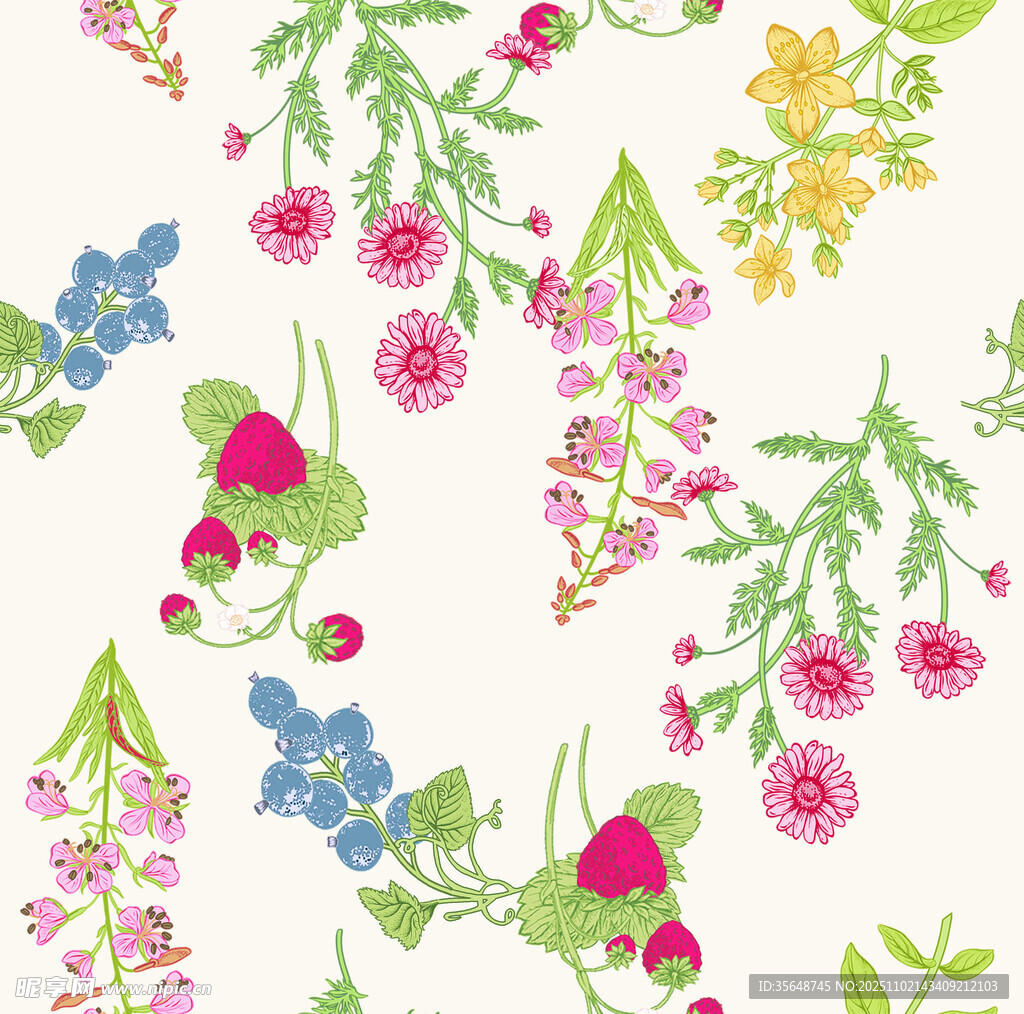 清新花卉植物无缝图案